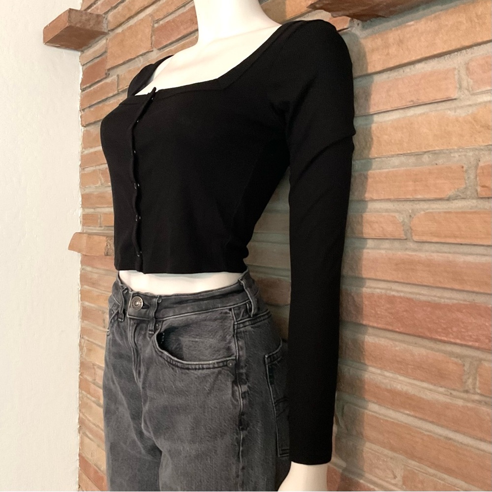 Bozzolo Square Neck Long Sleeve Black Top Medium